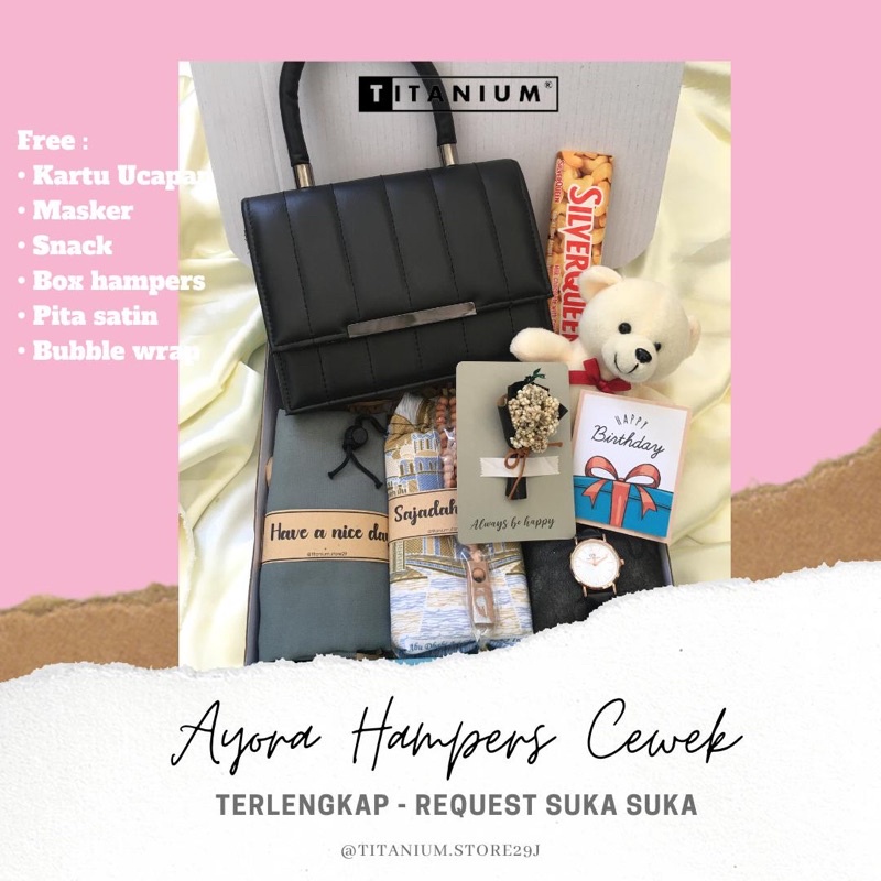 

HAMPERS AYORA KADO CEWEK ULTAH WISUDA ANNIVE GIFTBOX TAS HIJAB GELANG BONEKA GIFTBOX HAMPERS BOX