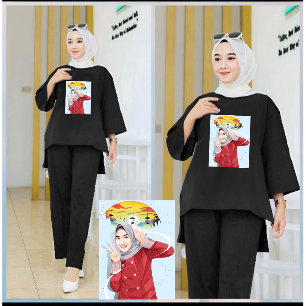 One Set Tunik Hijab Baju Merah/Setelan Tunik Senyawa