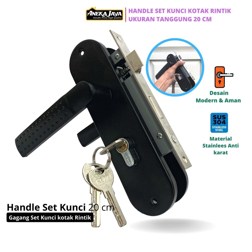 Handle Set Kunci Pintu Rumah Kamar Warna Hitam Ukuran Tanggung 20 cm Minimalis Murah Awet Bahan Stainlees