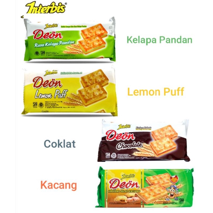 

INTERBIS Deon Biskuit Krekers Rasa Kelapa Pandan , Lemon Puff , Chocolate Coklat , Selai Kacang 200gr