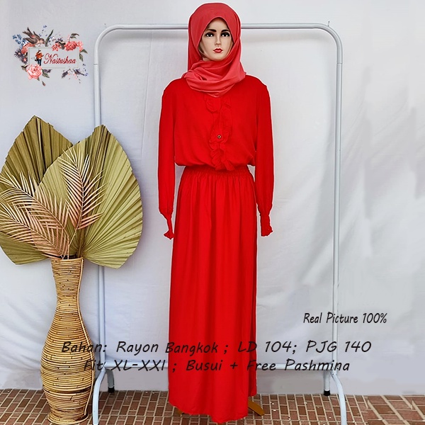 GAMIS POLOS MERAH MODEL PINGGANG KARET RAYON BANGKOK BUSUI FRIENDLY MAXI WANITA REMAJA DEPAN RUMBAI FREE PASHMINA