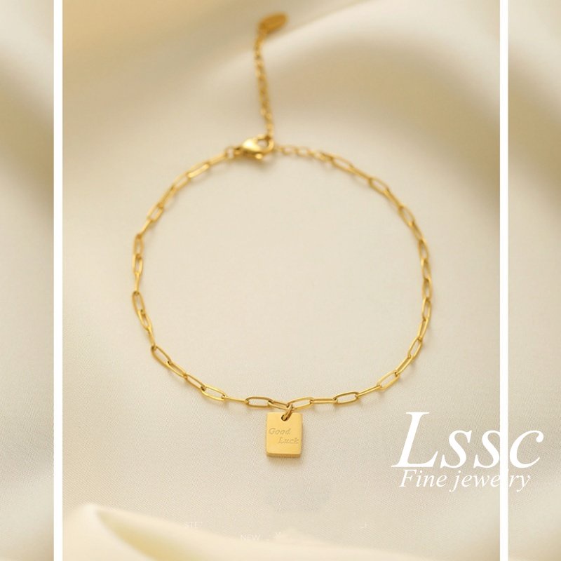 Gelang Kaki Titanium Huruf &quot;Good Luck&quot; Persegi Terbaru 2022 Korea Emas 18K Perhiasan Wanita Fashion