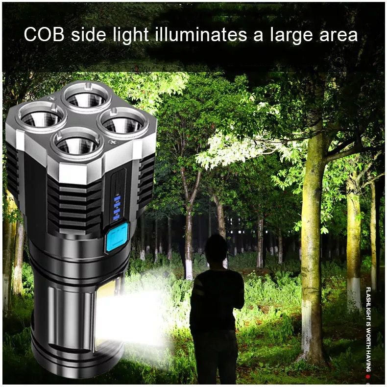 Senter Portable 4 LED + COB Light Super Terang L-S03 / Senter Penerangan Jarak Jauh 4 Mode Mata Lampu / Rechargeable Flashlight