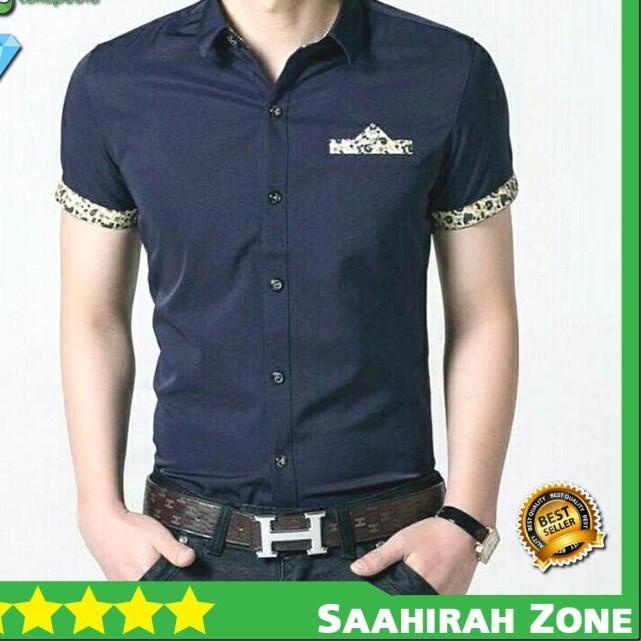 Kemeja Pria Lengan Pendek Kombinasi batik Slim Fit Katun Trmurah Tebal