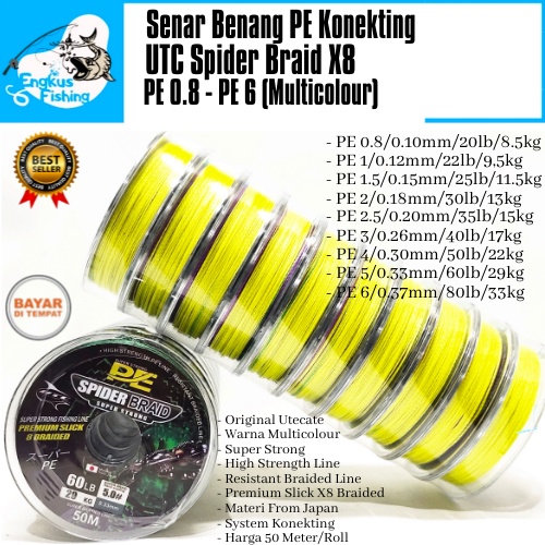 Senar Benang PE UTC Spider Braid X8 Braid (PE 0.8 - PE 6) 50M/Roll Konekting Super Strong - Engkus Fishing