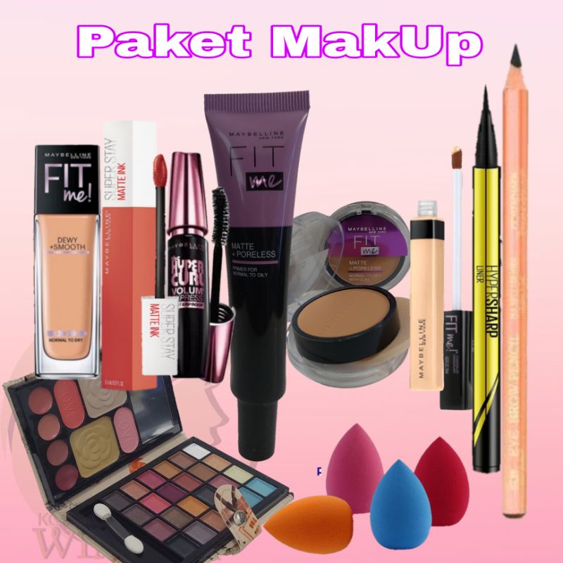 Paket Kosmetik Maybelline Set 10 in 1 Lengkap Hemat / Maybelline Fit Me Foundation Primer Bedak Concealer Eyeliner Mascara Lipcream