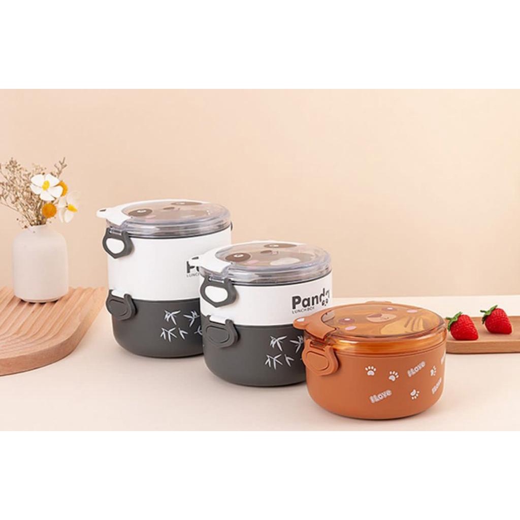 T24 - Lunch Box Set Bulat / Tempat Makan Anak Motif Lucu / Kotak Bekal Anti Tumpah Portable Set