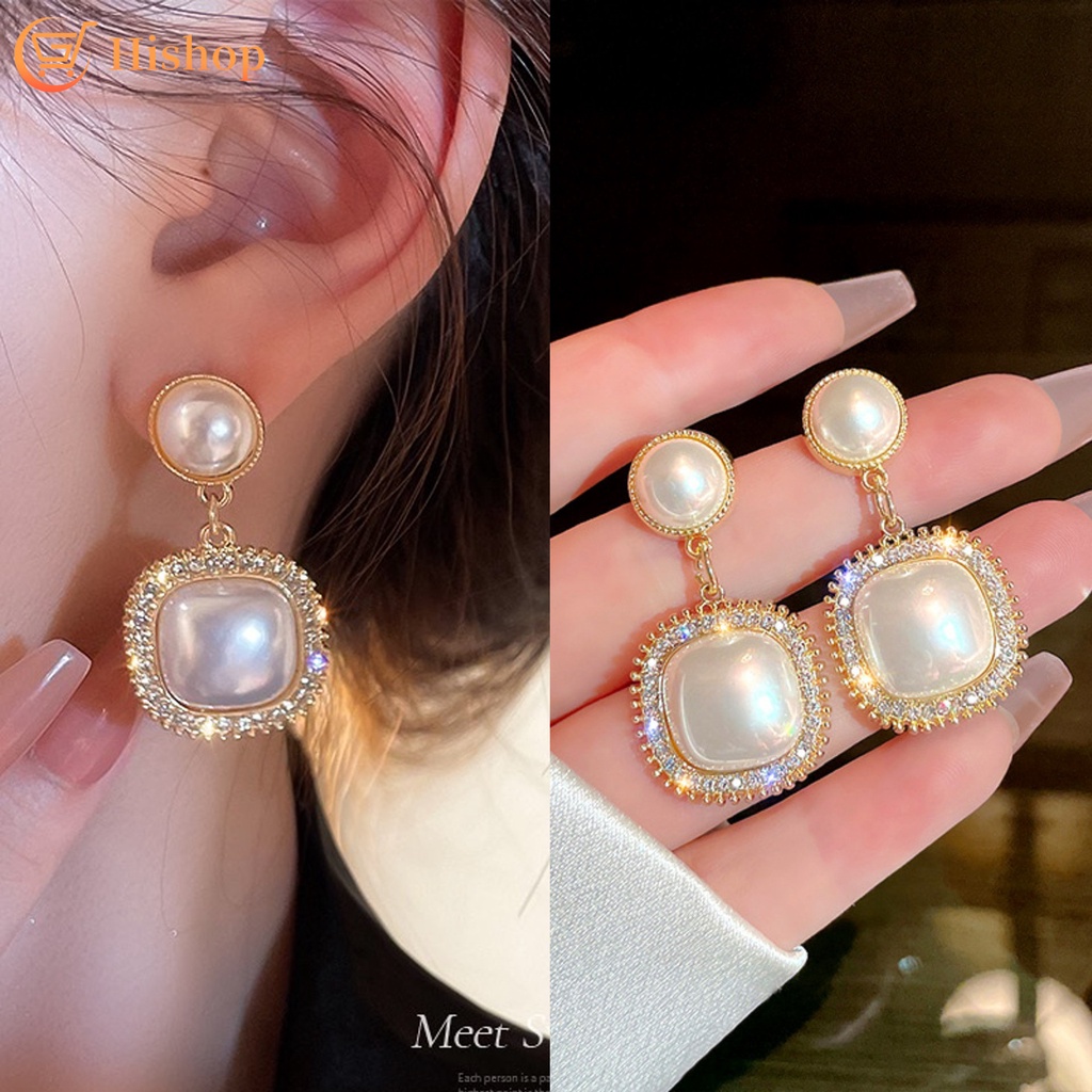 Anting S925 Silver Bentuk Persegi Aksen Kristal Mutiara Gaya Korea Untuk Wanita
