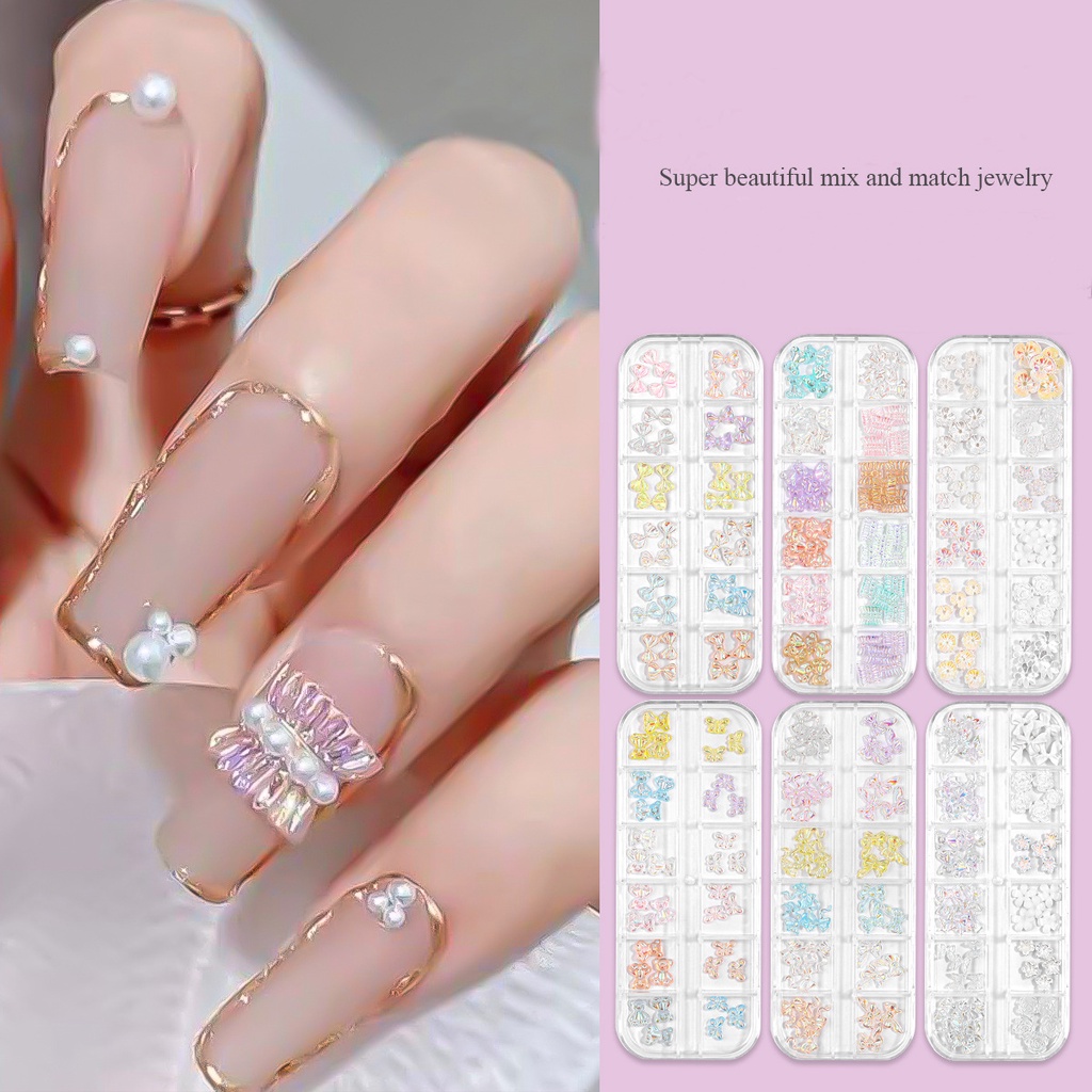 Hiasan Kuku 3D Bentuk Pita / Beruang /Camellia Glitter Untuk Nail Art / Manicure DIY