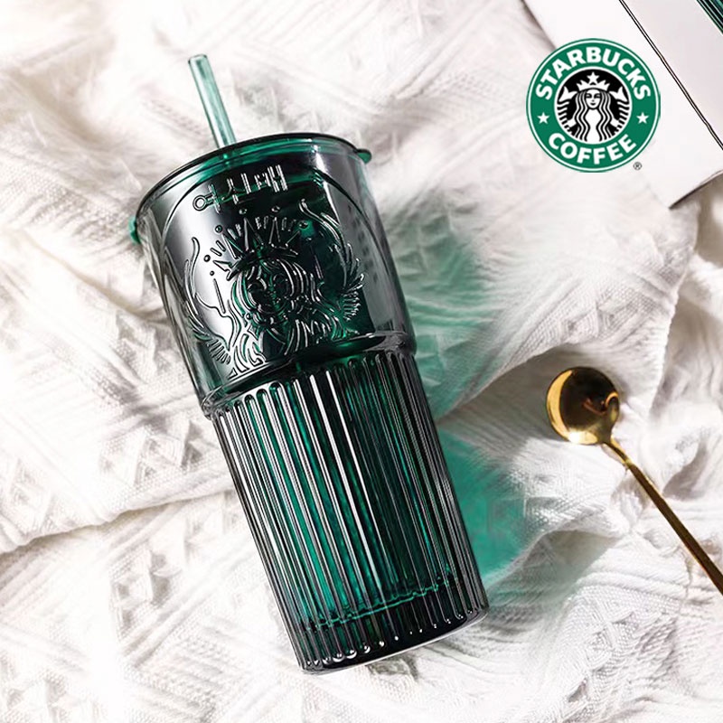 Original 100% 600ML Starbucks Dark Green Goddess Glass High Color Straw Cup Starbucks Tumbler