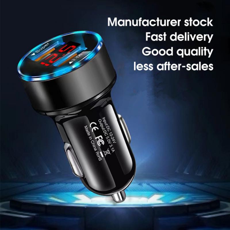 Car Charger iPhone Dual Port USB Fast Charging 15W QC 3.0 2.4A Digital Display LED Cas Mobil Tablet Samsung Portable Adapter iPad