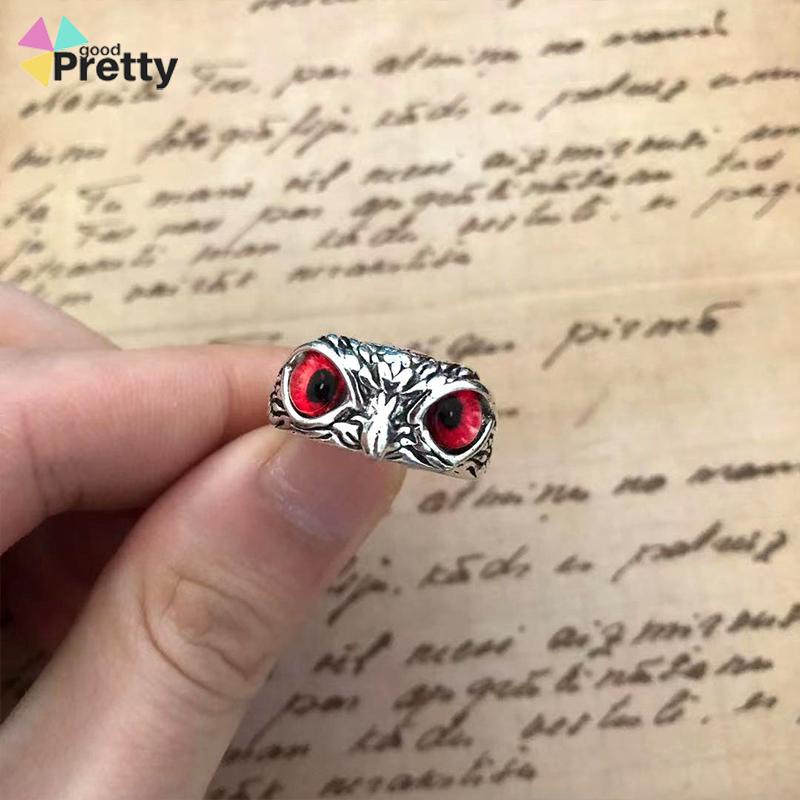 Kristal Vintage Style Burung Hantu Cincin Perak 925 Pria Wanita Punk Crystal Rings Adjustable Size - PD