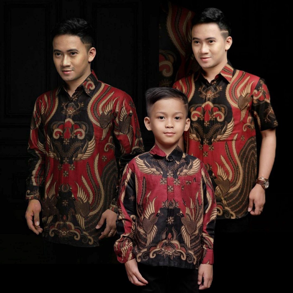 Kemeja Batik Anak Laki-laki Lengan Panjang Couple Ayah Dan Anak Motif Ironman Merah Marun