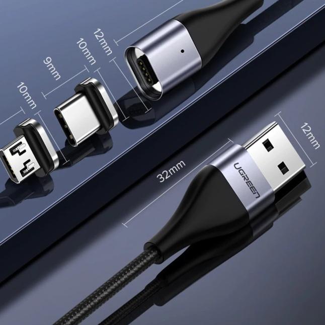 Cable Data Magnetic USB A to Type C / Micro USB UGREEN Braided 3A Fast - Micro USB