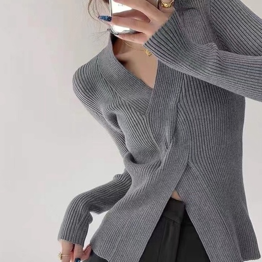 【Elegant】Casual Shirt Long Sleeve Knit V-Neck Atasan Wanita 7206