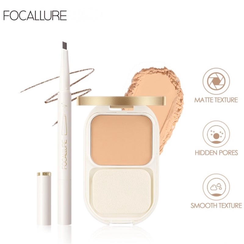 FOCALLURE 2 Pcs Makeup Set Poreless bedak padat compact powder &amp; Sliding Eyebrow Pencil