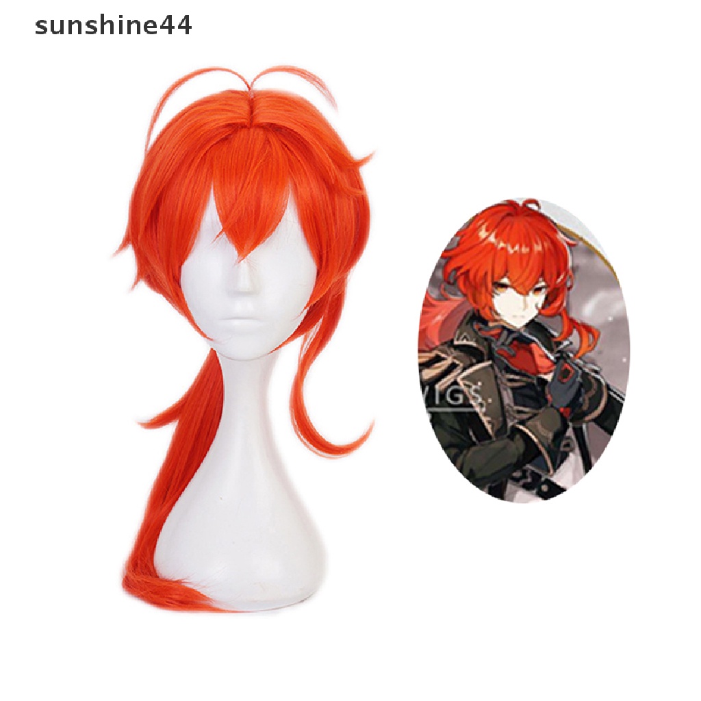 Sunshine Wig / Rambut Palsu Sintetis Panjang + Poni Warna Merah Untuk Cosplay Game Genshin Impact Diluc