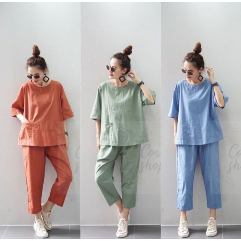 Alana One Set - Setelan Linen Terbaru  Outfit Korean Style Remaja Wanita