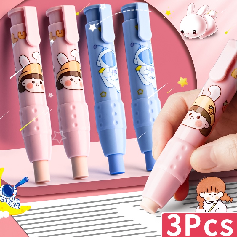 3 Pcs / set Penghapus Pensil Motif Kartun Astronot Model Tekan Dapat Ditarik Untuk Perlengkapan Sekolah