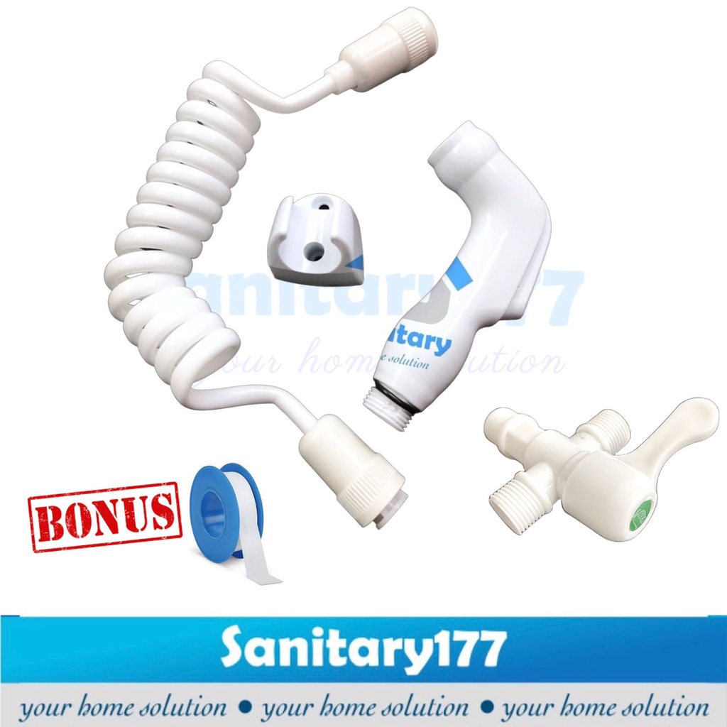 Paket Jet Shower Cebok Minimalis putih 9908W &amp; Stop Kran Double plastik pvc  bundling Shower toilet bidet kloset closet semprotan putih white