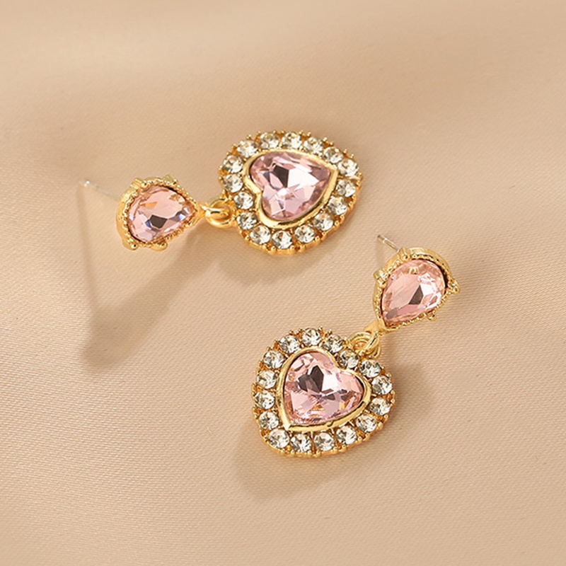 2022 Anting Tusuk Gantung Wanita Desain Hati Hias Kristal / Berlian Warna Pink Gaya Retro Untuk Hadiah
