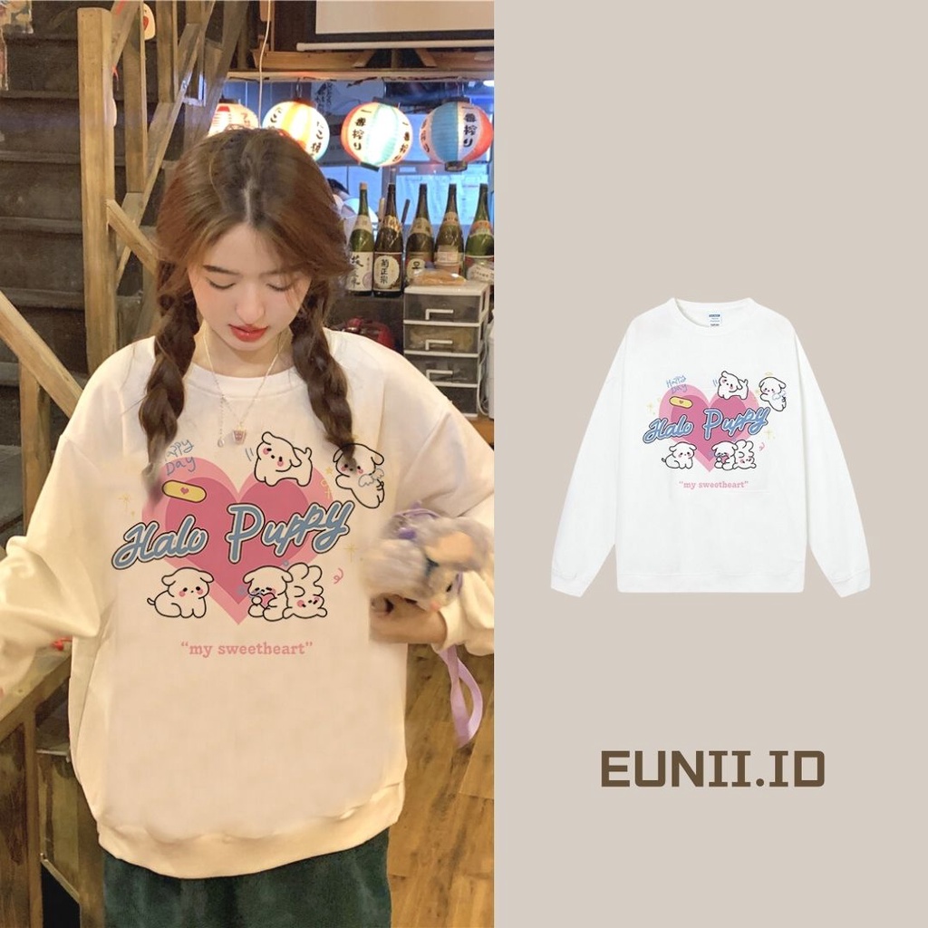 EUNII Sweater Lengan Panjang Cartoon Love Dog Korean Style/Hoodie Oversize/Baju Wanita/Switer Wanita