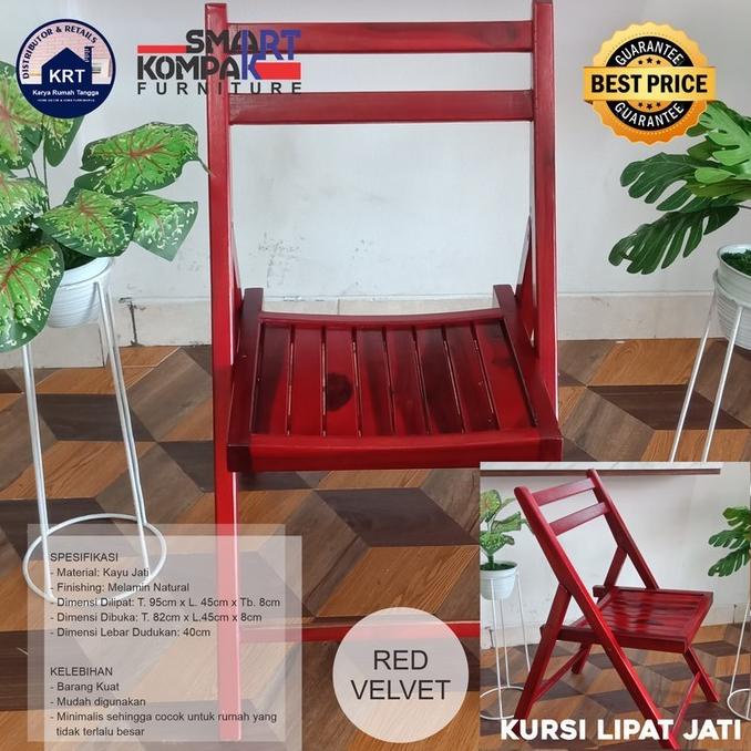 KURSI LIPAT JATI | Furniture Modern Minimalis | Wooden Folding Chair - Red Velvet stock ready