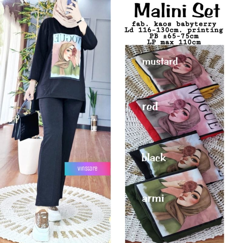 MALINI SET BAHAN CRINKLE AIRFLOW APLIKASI SABLON UKURAN M L XL XXL DAPAT CELANA DAN BAJU SETELAN WANITA KEKINIAN FASHION MUSLIM TERBARU ONE SET WANITA CASUAL PREMIUM BAJU SET HITAM LENGAN PANJANG