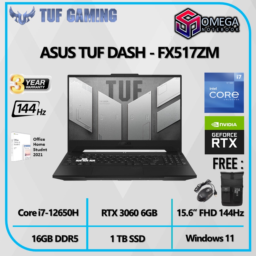 ASUS TUF DASH FX517ZM RTX3060 6GB - Core I7 12650H 16GB 1TBSSD W11+OHS 15.6&quot;FHD 144Hz Backlit