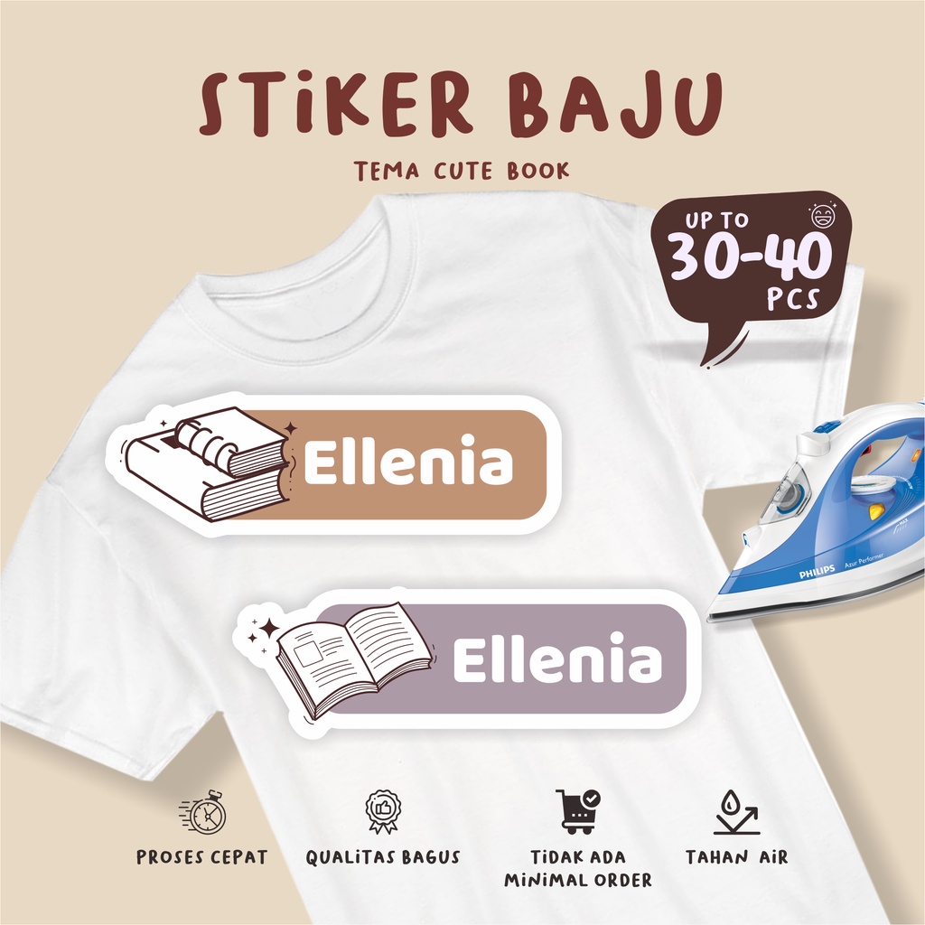 

(30-40pcs)Murahh custom Stiker Kain dtf Label Baju Nama Anak CUTE BOOK / Sablon Setrika Name /Label Sticker Iron on sticker a/