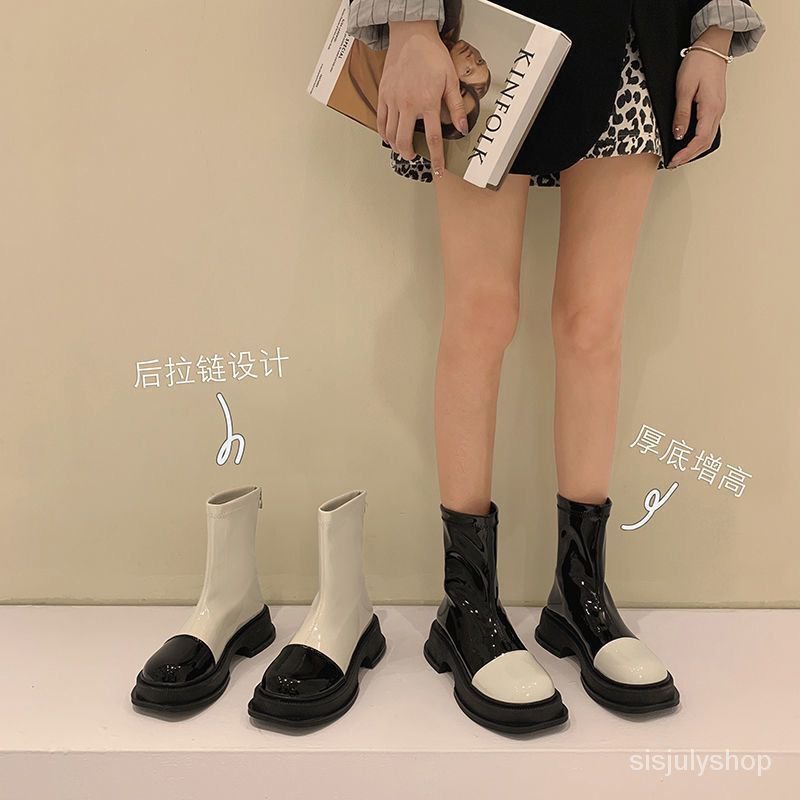 Sepatu bot pendek wanita 2022 warna-warni baru hitam dan putih Martin boots tebal bawah meningkatkan