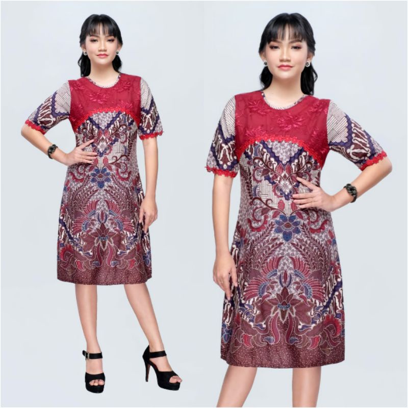 Dress Batik Modern Jumbo 4L-5L Kombinasi Brokat Tunik Batik Big Size XXXL SRN