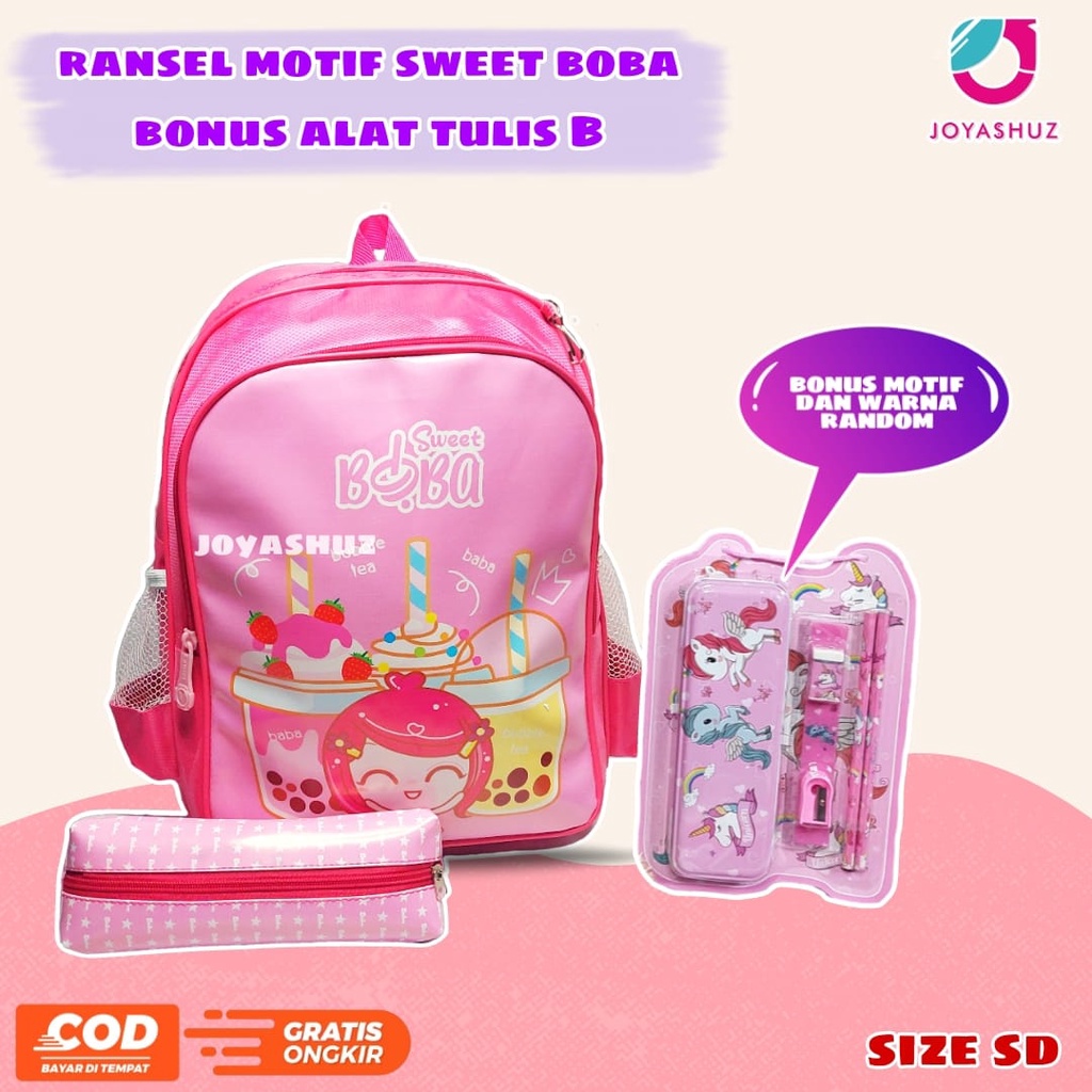 Ransel Anak Perempuan Karakter Boba - Tas Anak SD Boba - Ransel 2in1 - Tas Gratis Tempat Pensil - Tas Gemas - Lucu - Boba - Joyashuz