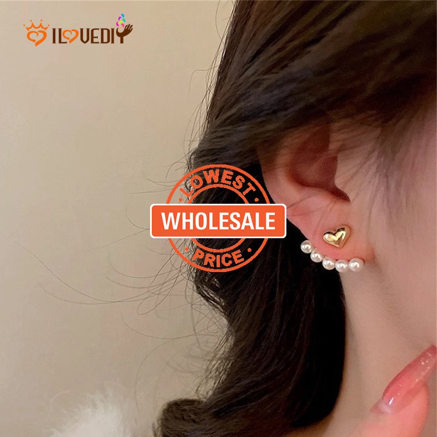 Anting Tusuk Gantung Bahan Metal Desain Hati + Mutiara Gaya Elegan Dapat Dilepas Untuk Wanita