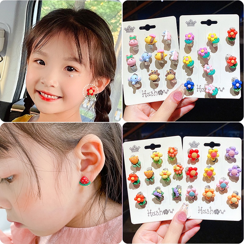 10pcs / Set Anting Klip Tanpa Tindik Desain Kartun Bunga Buah Hewan Bahan Akrilik Gaya Korea Untuk Anak Perempuan