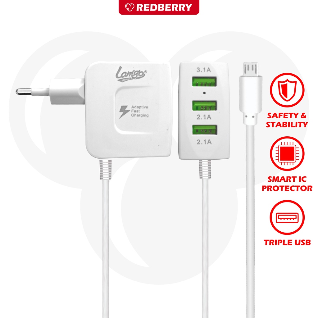 Charger Lamigo L03 cas 3 USB + kabel sambung micro USB original cas hp powerbank tws speaker dll