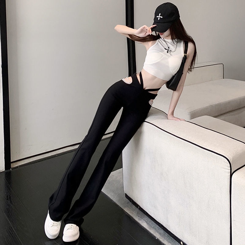 Red Setelan jas berongga berbentuk V berpinggang tinggi mikro berkobar celana lebar kaki celana menggantungkan mengepel celana kasual wanita setelan celana celana