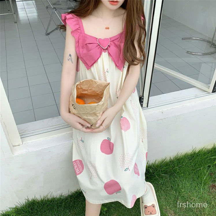 ins manis angin piyama musim panas wanita busur baru lucu kecil suspender piyama piyama wanita pakai