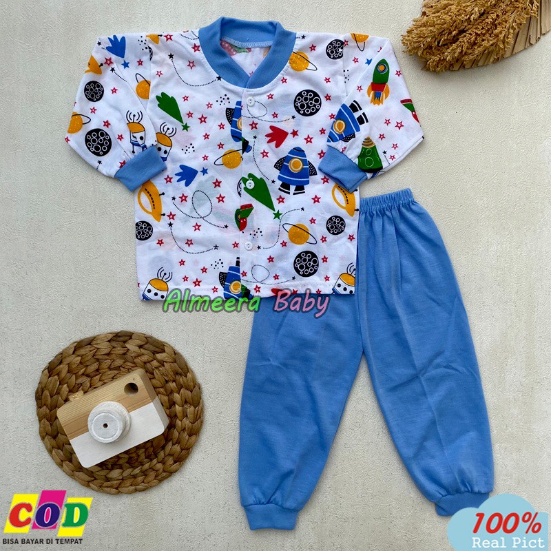 Setelan Baju Bayi Piyama Bayi Kancing Depan Motif Unisexs Usia 3-12 Bulan Almeera Baby and Kids