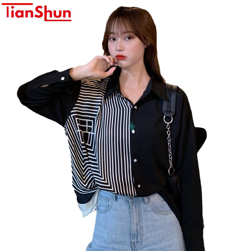 TianShun Korean Style Kaos Wanita Baju Garis-Garis Hitam Putih Lengan Panjang Kemeja