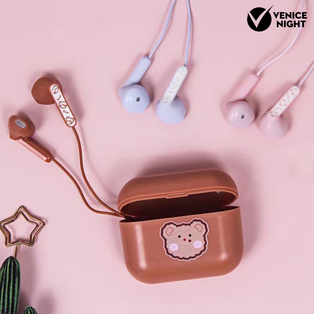 (VNEP) (Berkabel) Earphone dengan Kotak Penyimpanan Pola Lucu Universal HiFi Sound In-ear Music Earbud untuk Ponsel