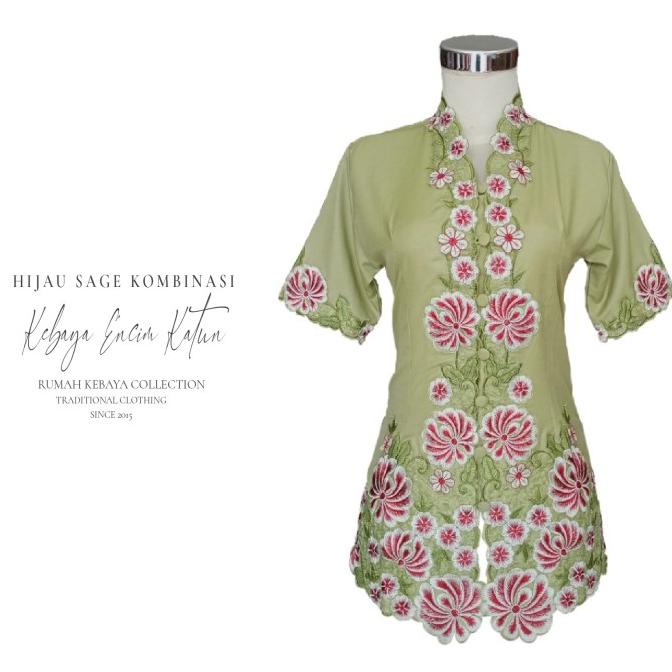 Kebaya Encim Kartini Katun Bordir Modern Hijau Sage Lengan Pendek