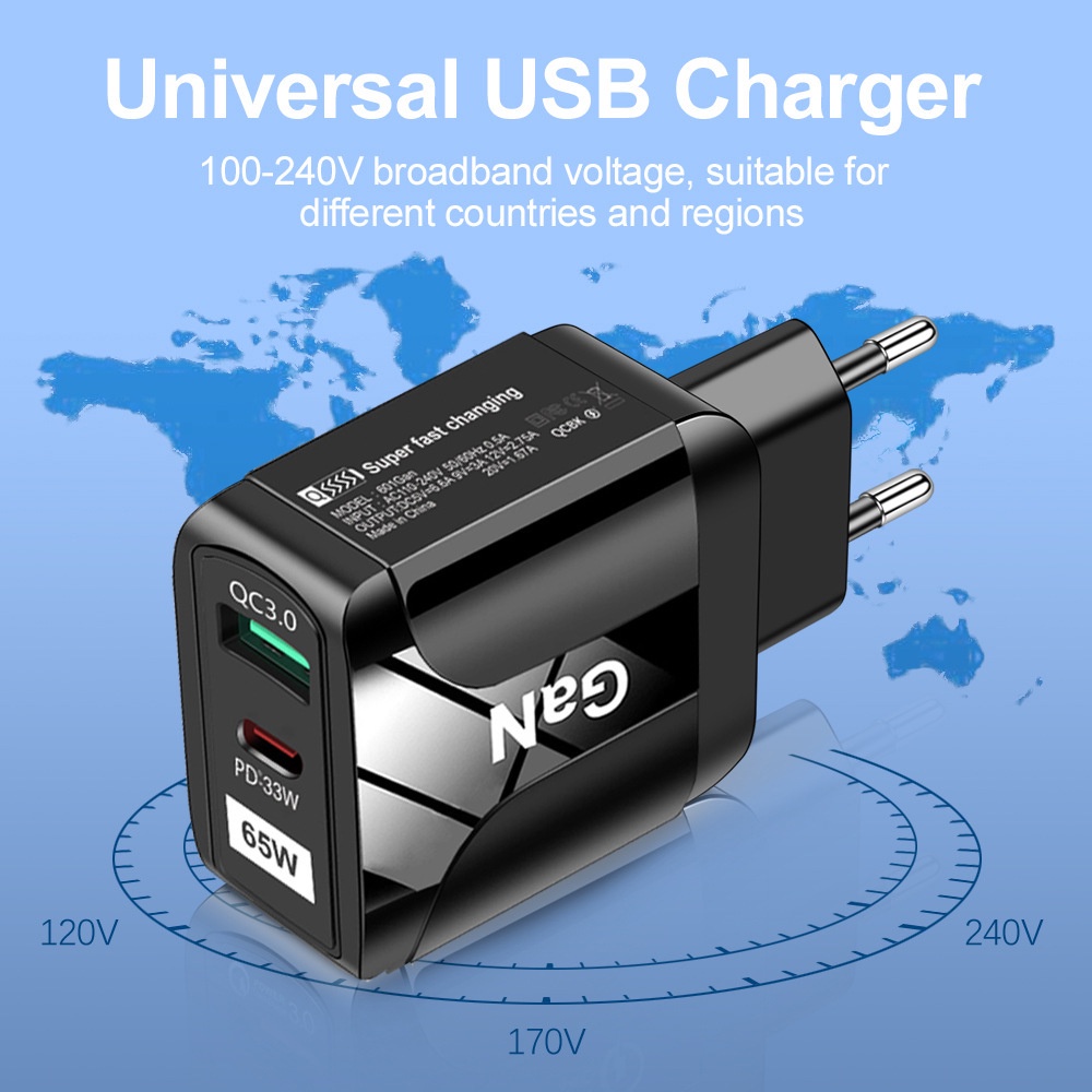 Adapter Charger Tipe C 65W GaN 9V12V Untuk Iphone 13 14 i-Pad H-uawei X-iaomi S-amsung Android QC3.0 + Pd33