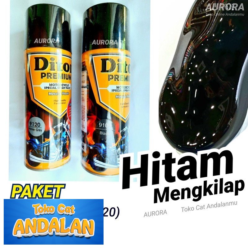 

Toko Cat Andalan - PAKET Diton Premium Hitam Mengkilap / Primer Grey 9120 + Black 9109 Cat Pilok Pilox Pylox Gloss Toko Cat Andalan Motor dan Mobil