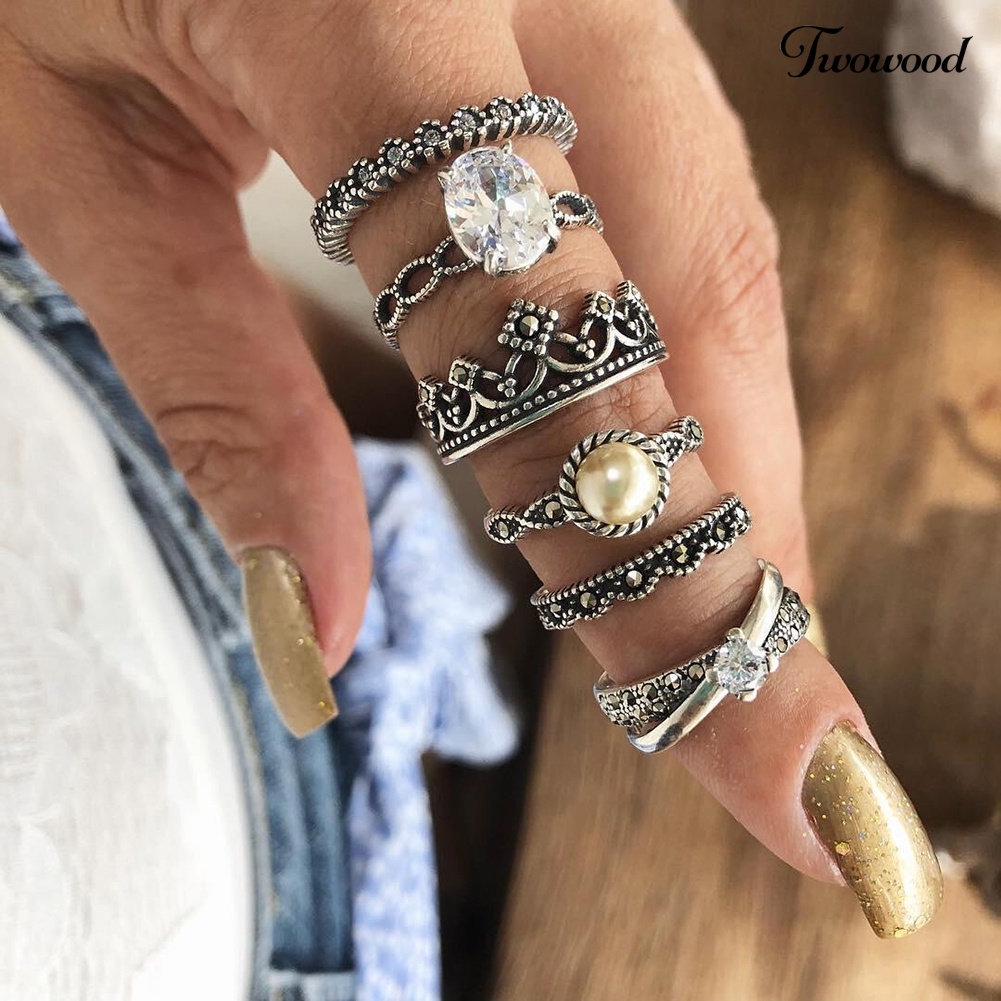 6 Pcs Cincin Knuckle Midi Bentuk Mahkota Aksen Mutiara Imitasi Bahan Zirkon Gaya Retro Untuk Wanita