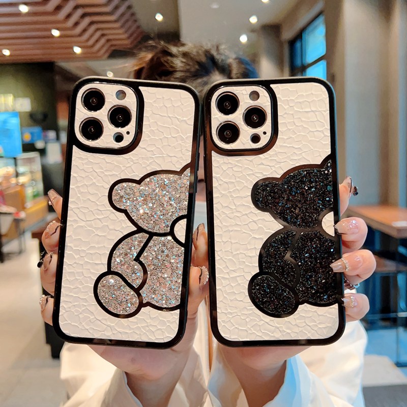 IPHONE Casing Hp Keras Beruang Pelindung Layar Penuh Bahan Kulit Berkilau Untuk Iphone 14Plus 14+ IP X Xr Xs Max Casing Iphone 11 12 13 14 Pro Max Handphone Cover Shock Resistant