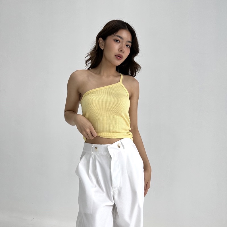 RYU TOP - POSHA Ribbed Knit Assymetric Tank Tanktop Summer Kotak Atasan Semi Long Crop Top Stretch Rib Ribbed Knit