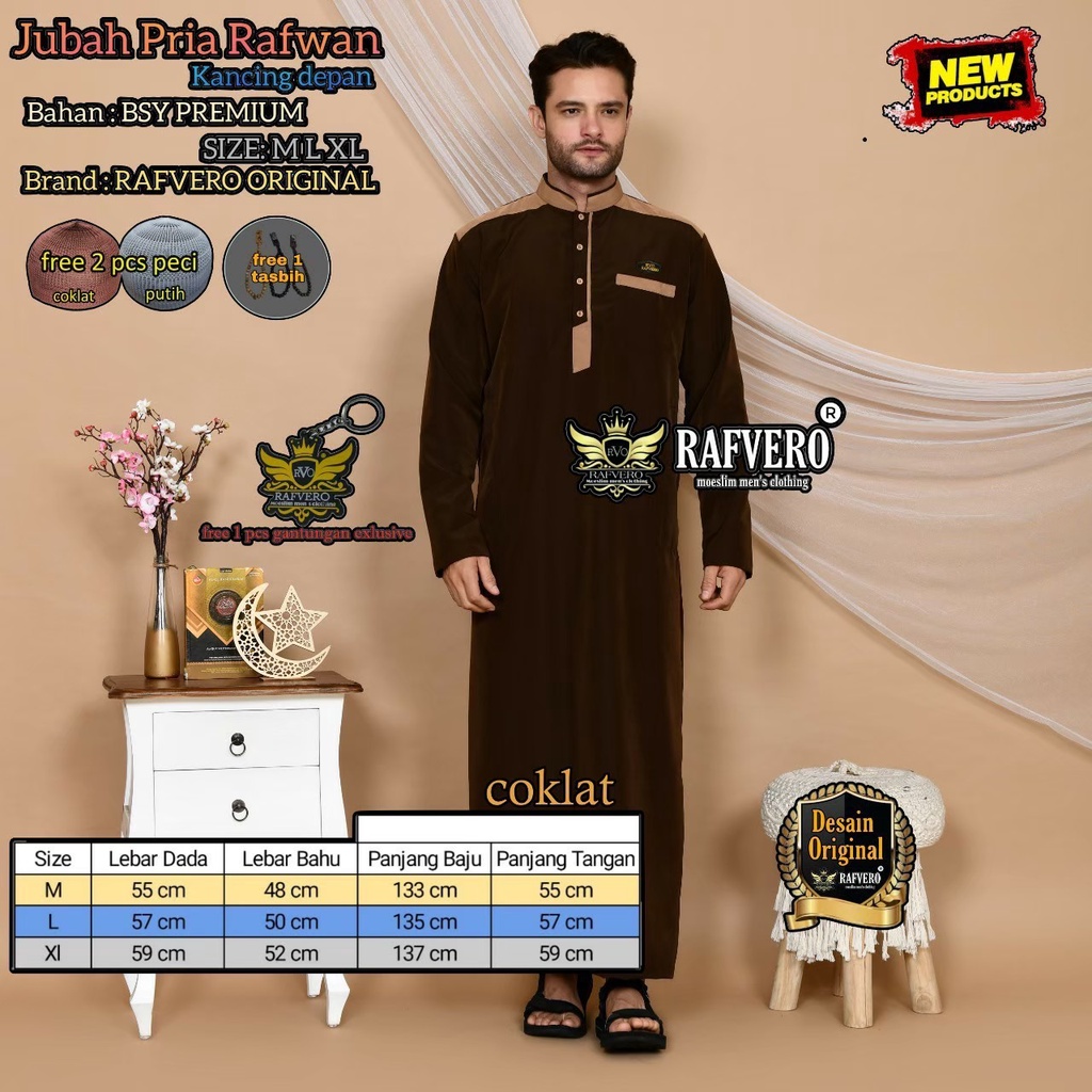 Jubah Gamis Muslim Pria Dewasa  ORIGINAL Free PECIH DAN TASBIH / Gamis Pria / JUBAH GAMIS PRIA ARAB 