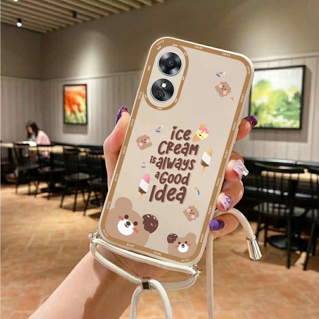 Softcase Macaron Motif Bear + Tali Sling Oppo A17 Terbaru - Case HP Oppo A17 Terbaru - Kesing HP Opp