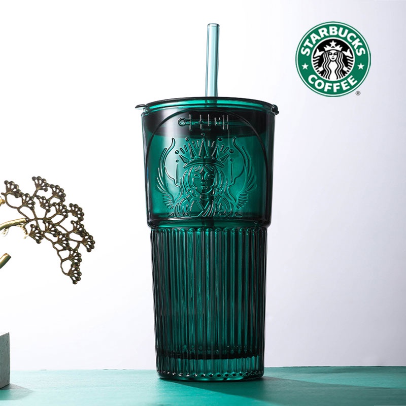 Original 100% 600ML Starbucks Dark Green Goddess Glass High Color Straw Cup Starbucks Tumbler